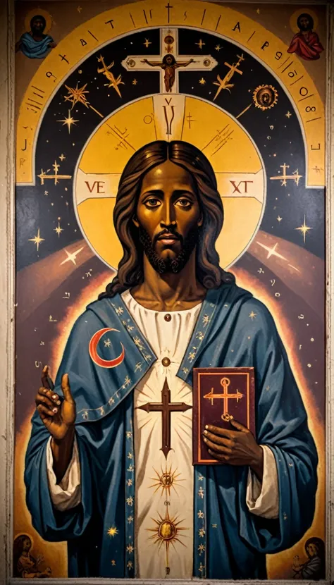 black jesus christ, orthodox painted on the wall, symbols and elements of astrology, hermetic symbols, cosmic, esoteric