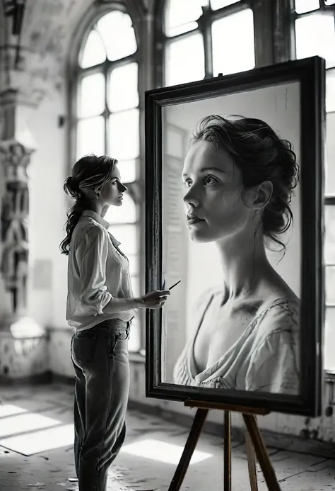 a woman stands before a massive graphite self-portrait, studying the details of her past, solitary but resolute in a vast white ...