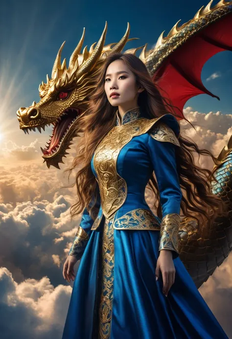 Long-haired woman wearing an iron-clad dress(gold color) Ride a dragon(red) in the sky below are clouds(Indigo) Behind there is sunlight.