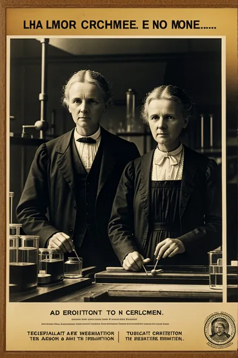 A poster with photos of Marie Curie with her husband in the laboratory 