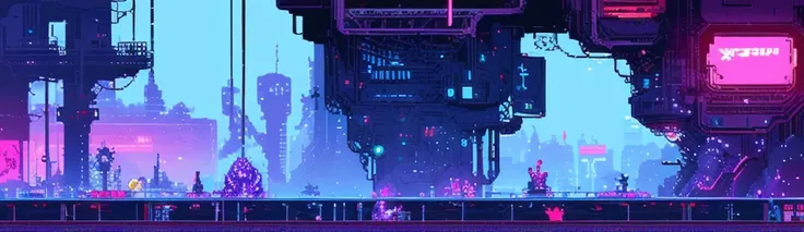 hbyxcj, ficção científica, sem humanos, cenário, cabo, pixel art, futuristic sidescroller game, purple, blue and neon colors, fu...