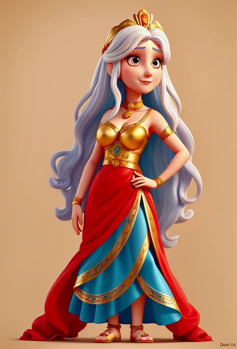 Cartoon character of a woman, A GREEK GODDESS, She is the Goddess of creativity, deusa Teka, she has long white hair, wear a red dress, azul e amarelo.