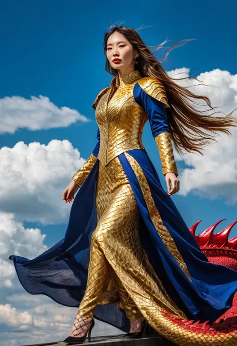 Long-haired woman wearing an iron-clad dress(gold color) riding a red dragon in the sky below are clouds(Indigo) Behind there is sunlight.