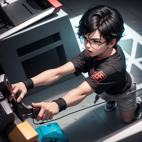 logo of boy playing fun game with hammer as controller wearing glass and black hair