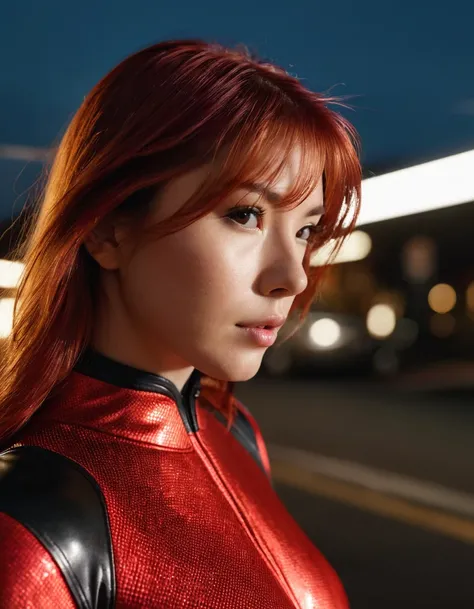 A photorealistic portrait of Asuka Langley Soryu, beautifully detailed eyes, beautiful detailed lips, extremely detailed face and features, long eyelashes, red hair, red plugsuit, confident expression, detailed background, cinematic lighting, highly detail...