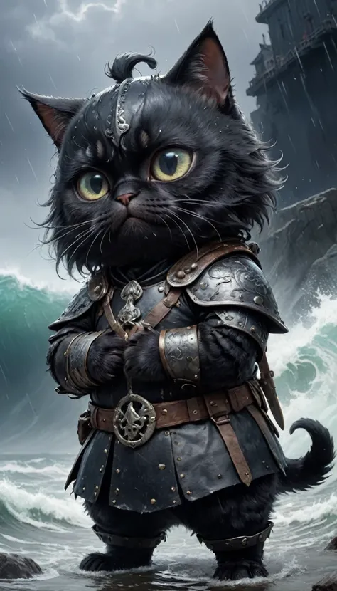 Crying face、tears、small, かわいいto be bornき物, Wearing black Viking armor、 whole body,small , Are standing, Costume, Stormy Sea、 Fantasy art, Exquisite detail, Jean-Baptiste Monge Style, office、Alan Lee Style, Anthropomorphic, Fat, A very fat black cat with bi...