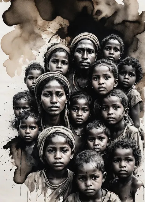 black ink art, a group of refugees, melanesian tribes, human displacement, group of man woman and children, in low perspective views, exaggerated expression ink, smudge, ink stain, ink stains