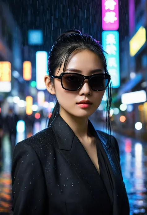 ((Beautiful)), young japanese woman, long black hair tied in a ponytail, wearing a black business suit, wearing dark sunglasses, standing in a neon city at night in heavy rain