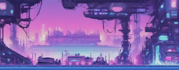 hbyxcj, ficção científica, sem humanos, cenário, cabo, pixel art, futuristic sidescroller game, purple, blue and neon colors, fu...