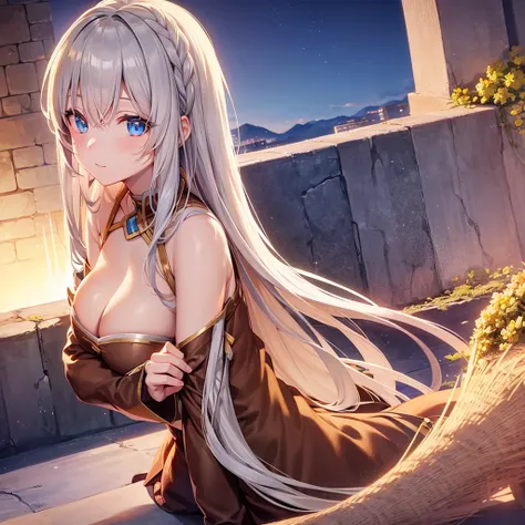 asuna,sao, crown half up hairstyle,, Top view, Exposing cleavage, mature female, white hair, ?, human hands, large breasts, beautiful detailed blue eyes, brown Clothes, dusk sky, dusk, sunset, warm,