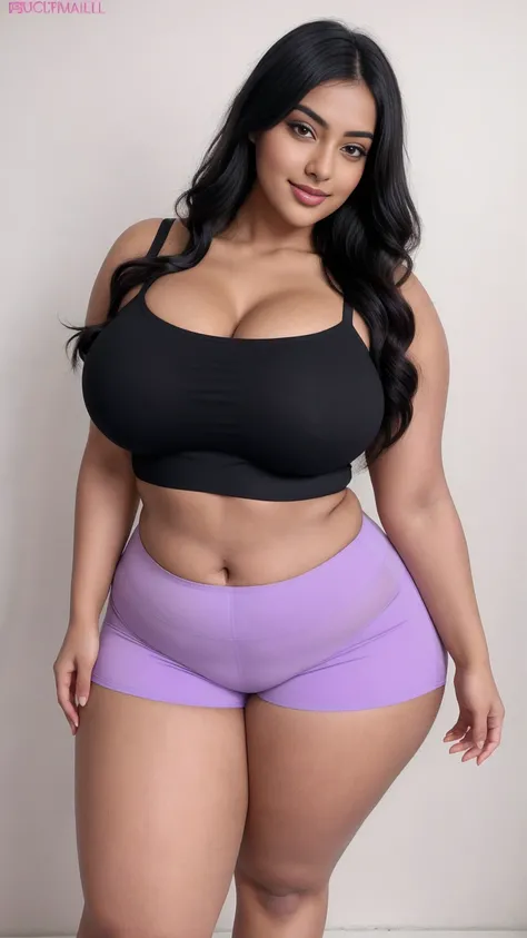 Radhika marchent Indian beautiful woman curvy plus size hour glass bulky huge figure woman, closeup camera view, big huge m-cup breast, wearing SHEIN Teen Girl Letter Graphic Cami Top & Shorts & Mesh Top Color: Multicolor , covered Bust , elegant standing ...