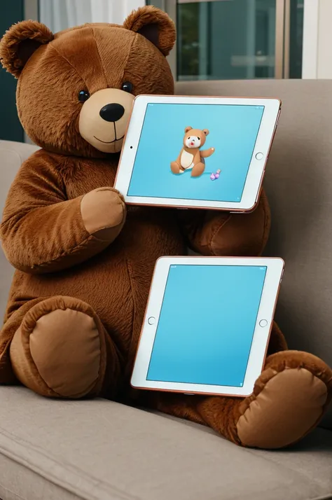 Cartoon bear playing with iPad