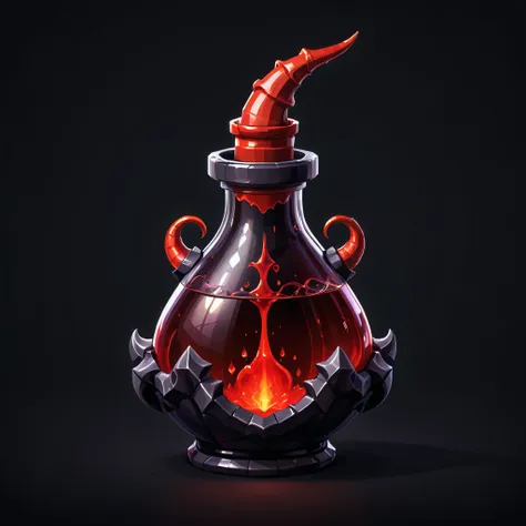 pixel art, simple black background, game icon, horn shaped red potion, health potion