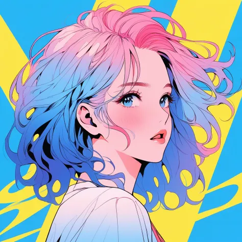 Illustrator, Anime , Realistic ,sketch , 1girl in, ,lip, order, Blue gradient background, Neon Hair,textured crop, Canadian, (masutepiece,Best Quality)