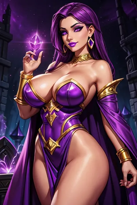 A beautiful mature sorceress (1 girl). League of Legends character, League of Legends style, RPG video game, RPG video game character, designed by Bo Chen. 28 years old, dark-skinned female, with long purple flowing hair, purple eyes, purple iris, mascaras...