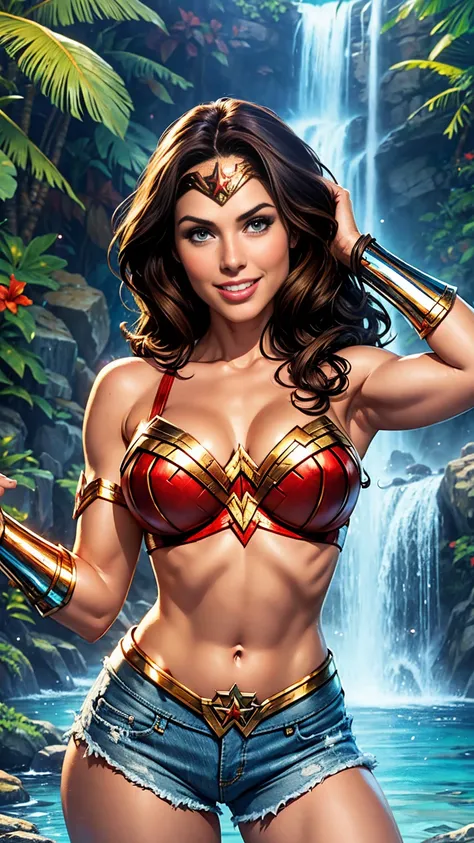 Wonder woman, brunette hair, Close up of breasts, pokies, bikini top, denim bahama shorts, gold arm bracers, tropical waterfall location, smile