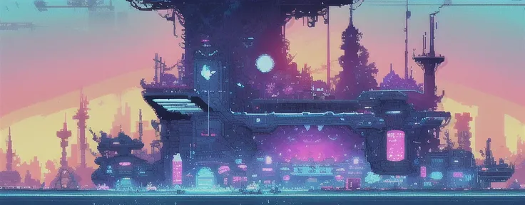 hbyxcj, ficção científica, sem humanos, cenário, cabo, pixel art, futuristic sidescroller game, purple, blue and neon colors, fu...