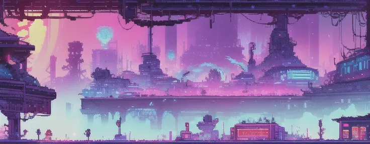 hbyxcj, ficção científica, sem humanos, cenário, cabo, pixel art, futuristic sidescroller game, purple, blue and neon colors, fu...