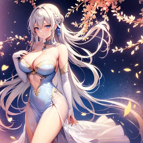 asuna,sao, crown half up hairstyle,, Top view, Exposing cleavage, mature female, white hair, ?, human hands, large breasts, beautiful detailed blue eyes, blue Clothes, dusk sky, dusk, sunset,