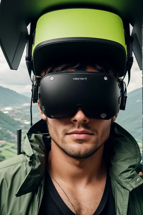 A Young jacket wearint man Wearing A vr box on head In a green hills