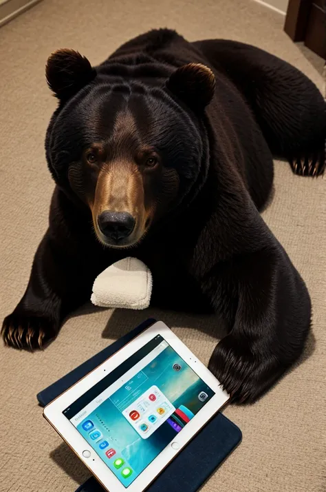 Bear playing with iPad
