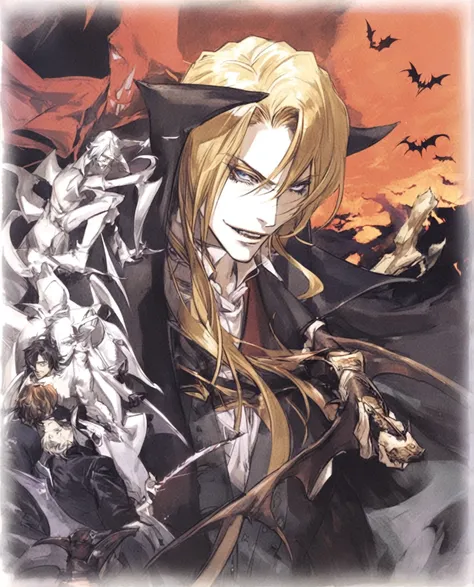 Close-up of a person holding a bat, Alucard, Beautiful male grim reaper, Handsome men from Demon Slayer, elric of melnibone, johan liebert mixed with Alucard, handsome Male vampire, Vampire Lord, Male vampire of clan banu haqim, Male vampire, Shadowverse S...