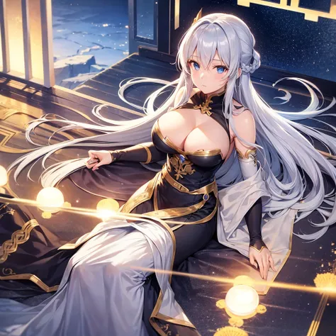 asuna,sao, crown half up hairstyle,, Top view, Exposing cleavage, mature female, white hair, ?, human hands, large breasts, beautiful detailed blue eyes, Metal Clothes, dusk sky, dusk, sunset,