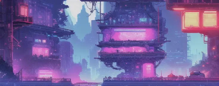 hbyxcj, ficção científica, sem humanos, cenário, cabo, pixel art, futuristic sidescroller game, purple, blue and neon colors, fu...