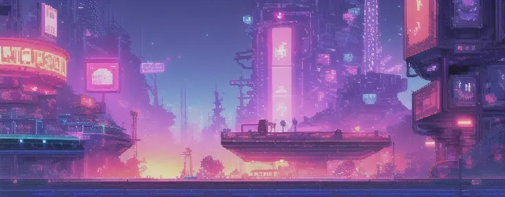 hbyxcj, ficção científica, sem humanos, cenário, cabo, pixel art, futuristic sidescroller game, purple, blue and neon colors, fu...