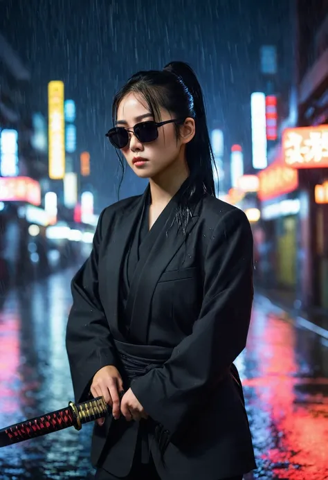 ((Beautiful)), young japanese woman, long black hair tied in a ponytail, wearing a black business suit, wearing dark sunglasses, holding a katana, standing in a neon city at night in heavy rain