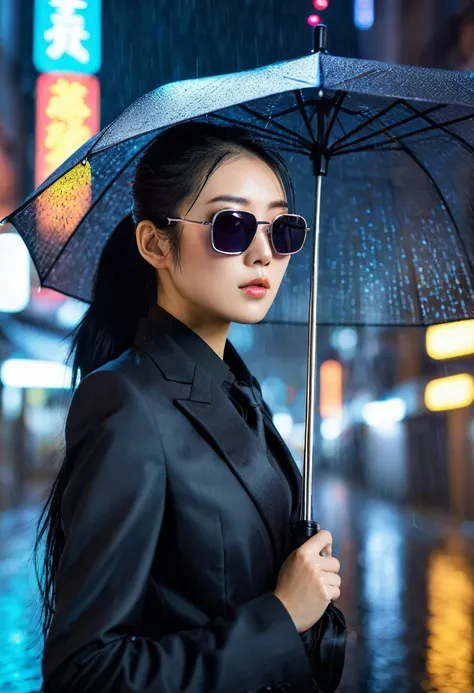 ((Beautiful)), young japanese woman, long black hair tied in a ponytail, wearing a black business suit, wearing dark futuristic sunglasses, holding a metallic umbrella, standing in a neon city at night in heavy rain