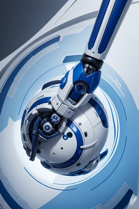 Round image with a humanized mechanical arm holding a @
blue and white colors
