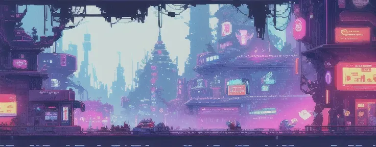 at night, hbyxcj, ficção científica, sem humanos, cenário, cabo, pixel art, futuristic sidescroller game, purple, blue and neon ...