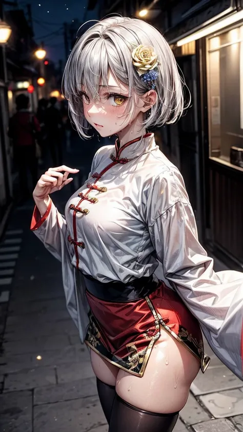 young girl 16 years old, short silver bob hair, hair flower, sharp bangs between the eyes, yellow  eyes, eyes large, olhar confident. traditional chinese imperial clothes black with gold details, red skirt, black thigh high socks. empowered,confident, chin...