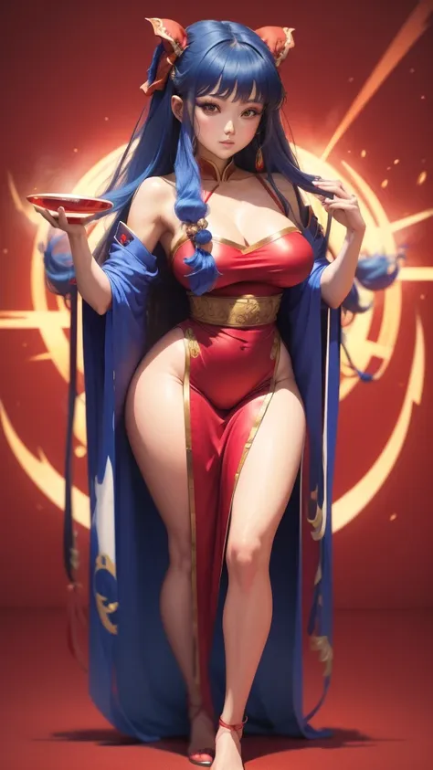 shampoo beautiful in her red asian outfit with big breasts and big hips, small waist, full body, blue hair