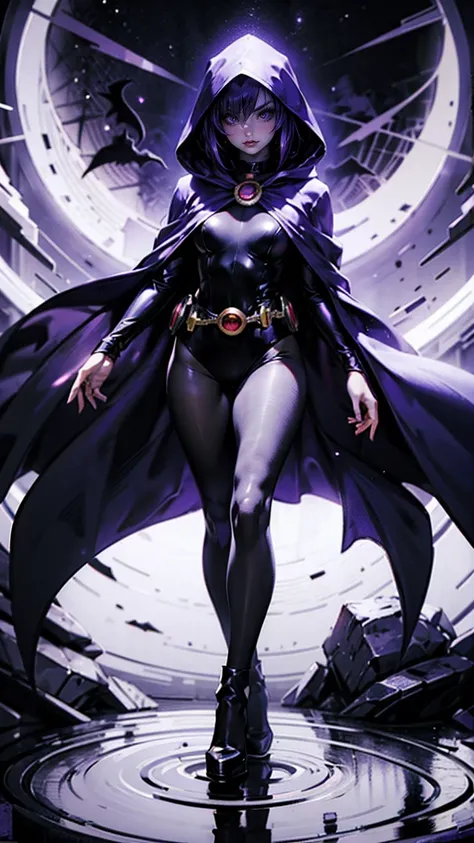 illustration of raven from dc comics, 1 girl, raven, high collar, black leotard, black cape, hooded cloak, cabelo roxo, testa je...