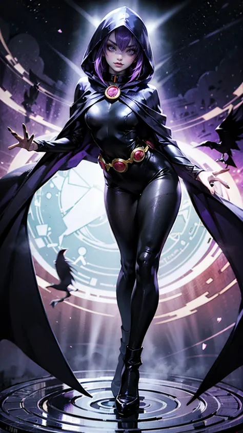 illustration of Raven from DC Comics, 1 girl, Raven, high collar, black leotard, black cape, hooded cloak, cabelo roxo, testa jeauel, purples eyes, shorth hair, belt, stretched skin, standing, neckleace, toned, pose, natta , moonlights, ((posando)), motion...