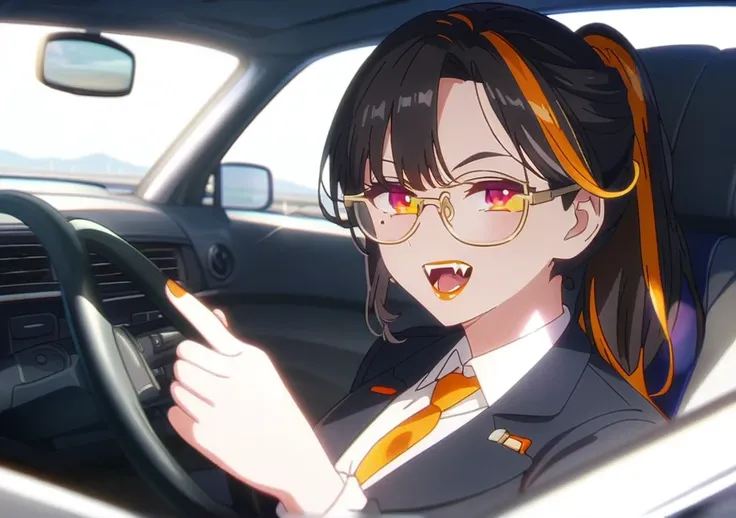 High quality,anime screenshot,4k, orange lipstick,secretary outfit,siren glasses,mole,ponytail,orange and black hair,black hair,orange streaks,fangs,detailed,driving car,sunny,sunlight,on road