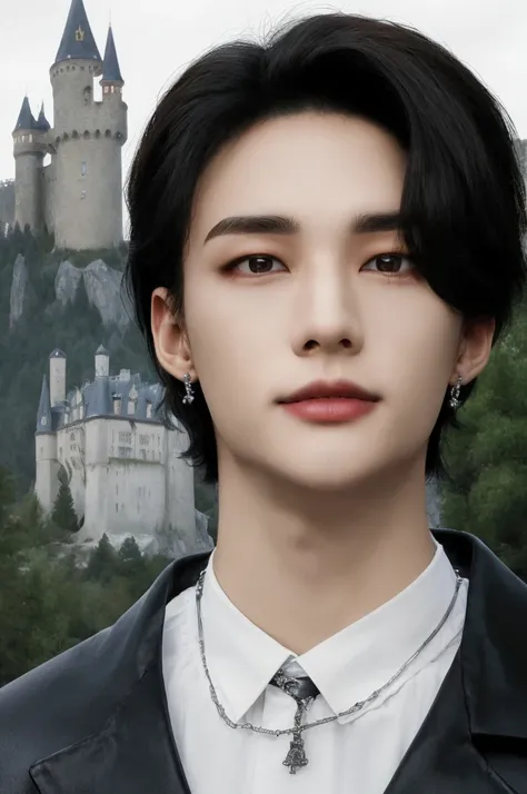 Hyunstayv2, Frontal, sparkling, Chapped lips, (by rubio:1.2), abdomen, (ultra realistic:1.2), (close to the photo:1.1), (gothic european castle background:1.2), (intricate:1.2), (looking at the viewer:1.2),