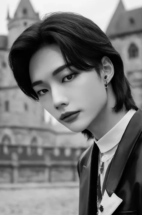 Hyunstayv2, Frontal, sparkling, Chapped lips, (by rubio:1.2), abdomen, (ultra realistic:1.2), (close to the photo:1.1), (gothic european castle background:1.2), (intricate:1.2), (looking at the viewer:1.2),