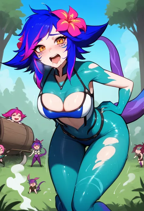 work of art, best qualityer, 1 girl, (realisitic:0.2) Neeko, colored fur, multicolored hair, hair ornament, hair flower, necklase, tummy, lizard tail, facial mark, trunk, woods, looking ahead at viewer, blue sky, incredibly tight outfit, very small clothes...