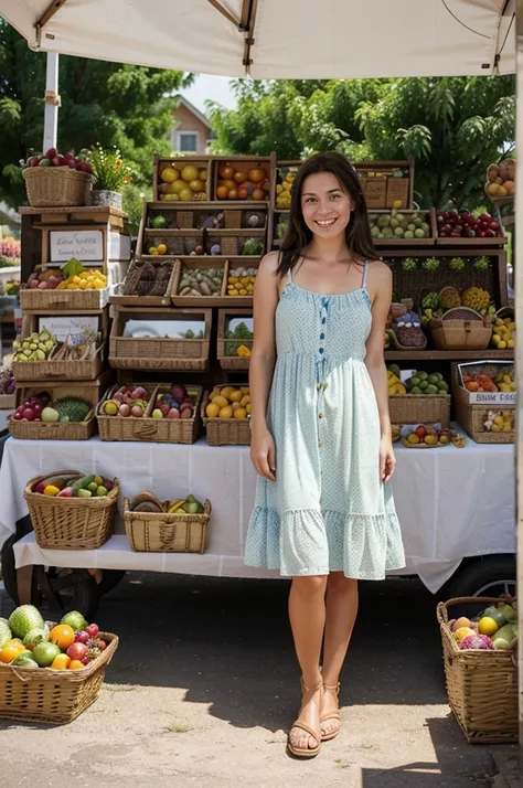 A full-body image of a  brunette woman with freckles, exuding a wholesome and friendly vibe. She is wearing a sundress and sandals, carrying a wicker basket filled with fresh produce. She stands at a farmer’s market stall, smiling at the vendor. The backgr...