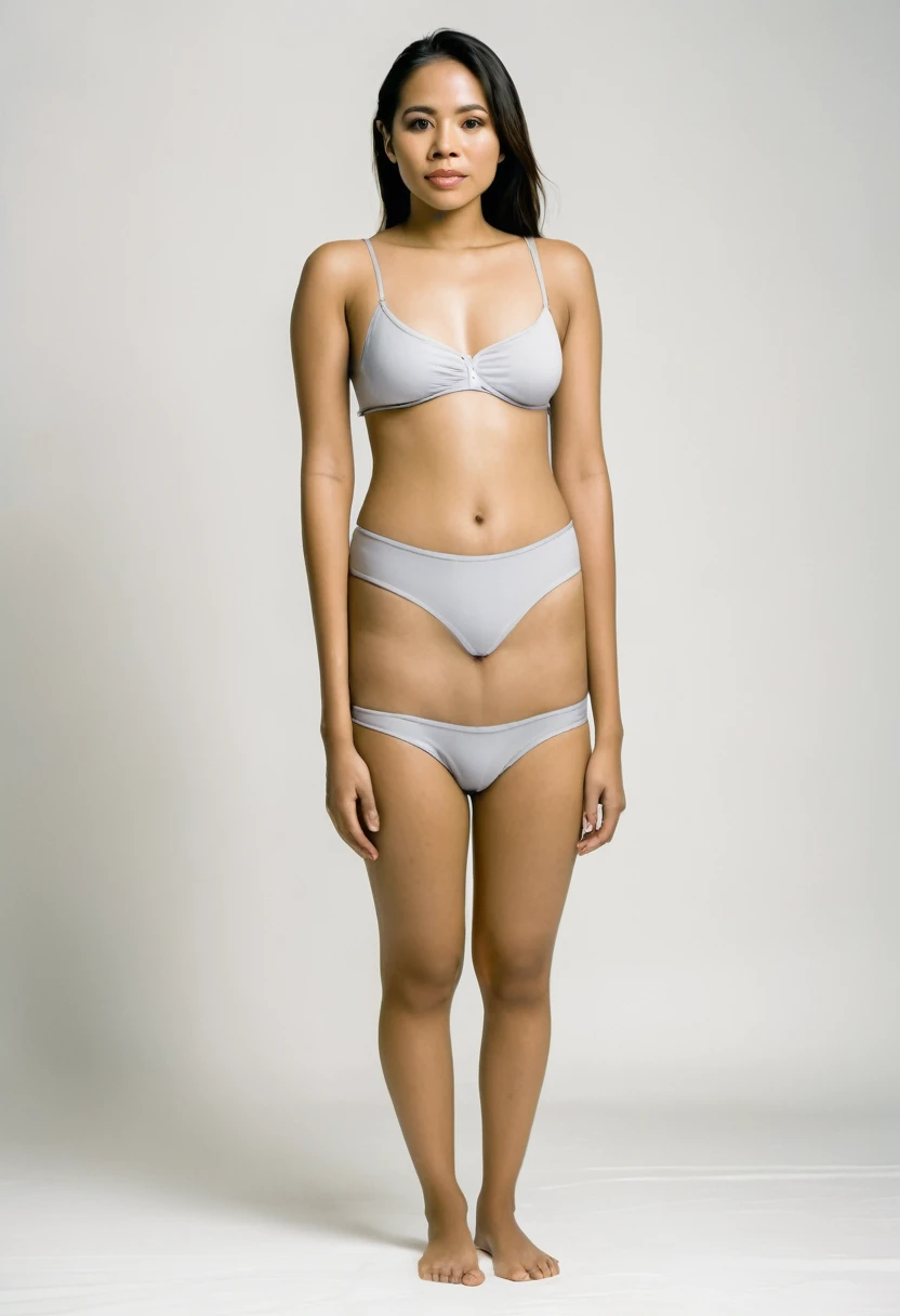 25yo Filipino woman, front view, full body, standing, without clothes, white background