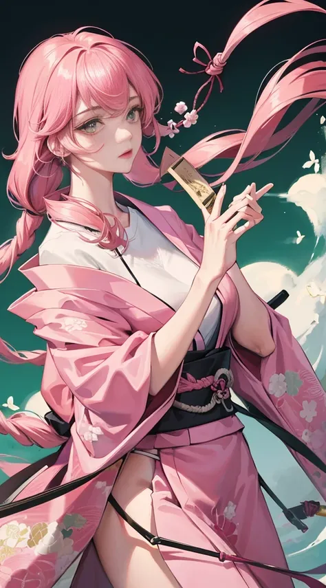 1 Woman, Mature Woman, Japanese Style, , Sister,pink  Long-Haired Woman, Light Pink Lips, Calm, Intellectual, Three Bands, Green Eyes, Assassin, Katana