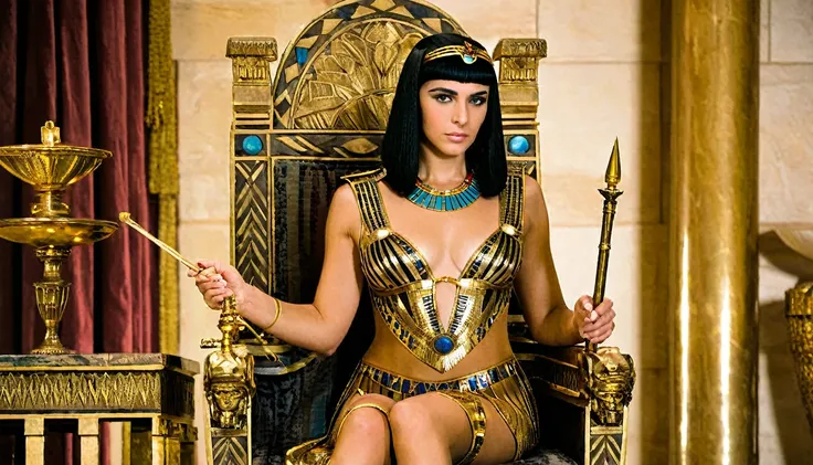 Description: Cleopatra sitting on her throne, with an ambitious and determined look, holding a scepter.