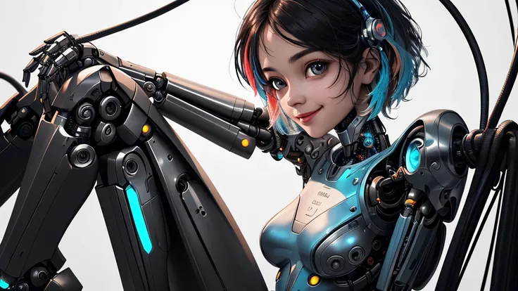 (best quality, masterpiece, perfect face, beautiful and aesthetic:1.2, colorful, dynamic angle, highest detailed face) full body photo of a complex ultra detailed of a beautiful android girl, cute smiling face, cyborg, bobbed haircut, robotic parts, vibran...