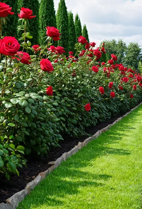 a row of red rose bushes