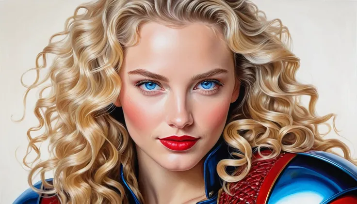 realistic acrylic art, vivid colors, lateral point of view, a beautiful european woman with long BLONDE curly hair, blue eyes, looking at the viewer with suspicious face and a shy smile, red lips, she wears hy-glossy TOTALLY SMOOTH armor, gloves, a sophist...