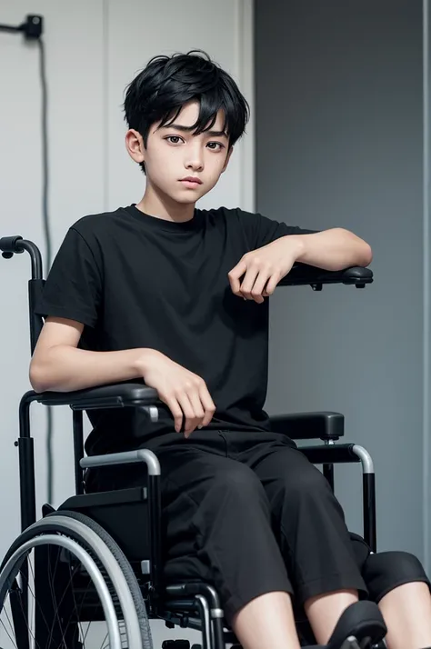 A boy with short black hair and black eyes in a wheelchair 