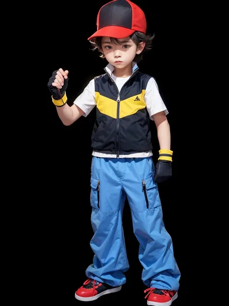 A boy, in blue pants, black jacket with yellow stripe, with a cap over his head and red sneakers.